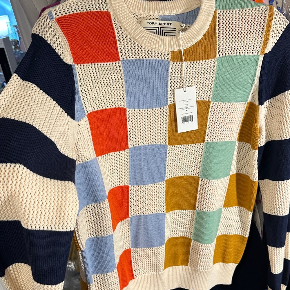 Tory Sport Colorblock Checker Knit Sweater in Ivory, Blue, Mustard & Coral